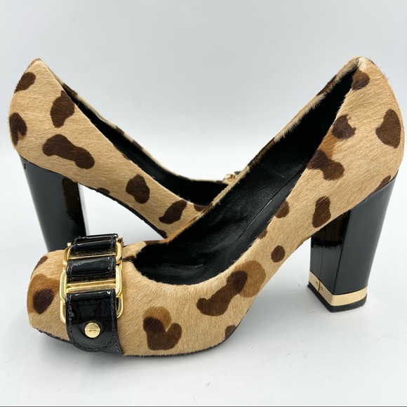 NWOT! Tory Burch Martha Leopard Print Calf Hair Chain Link Block Heel Pumps! 7M - Picture 2 of 10